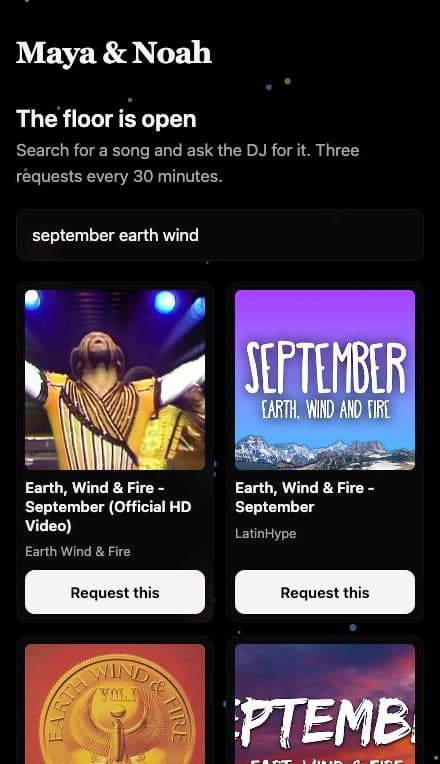 The guest request page with song search results, artwork, and a Request this button