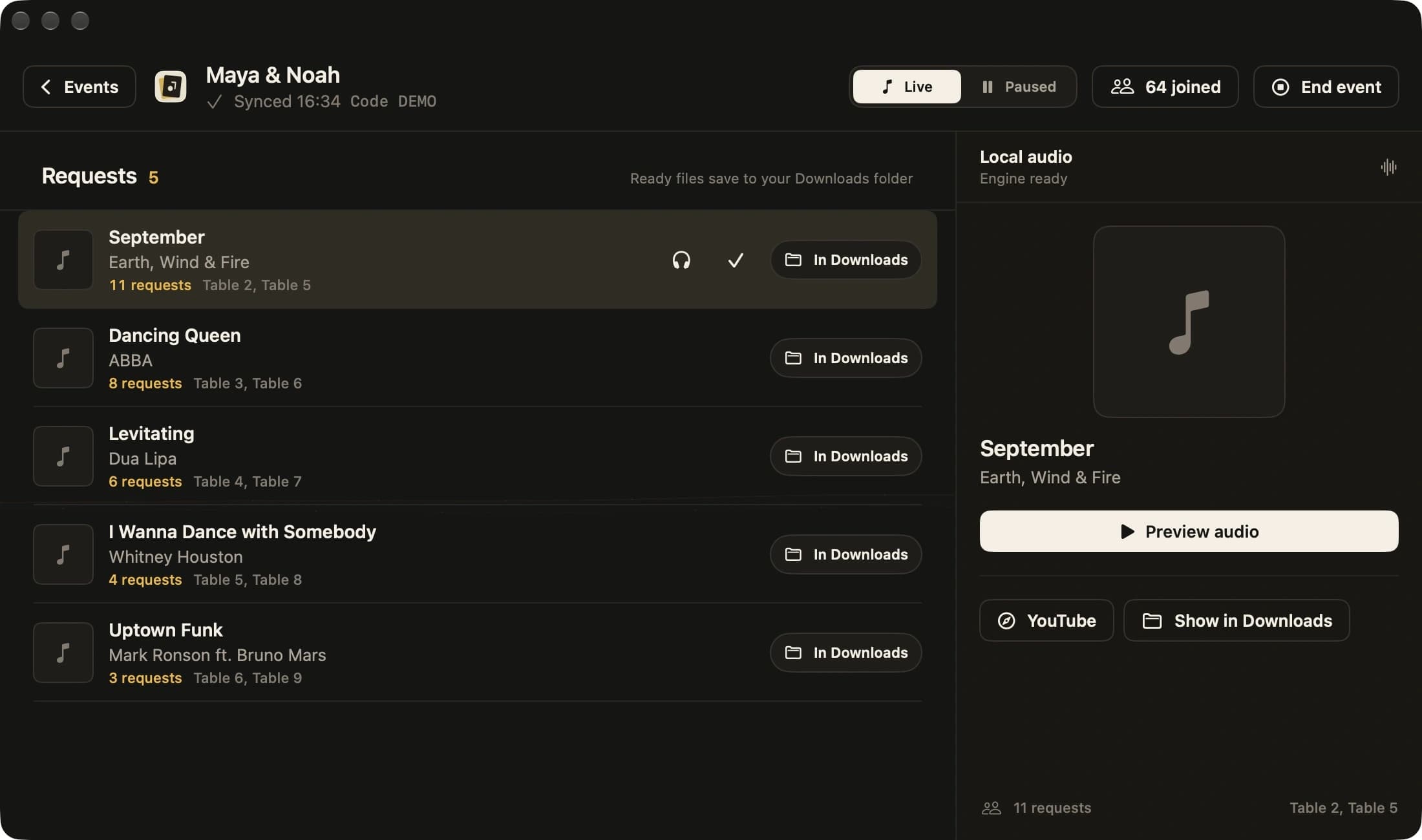 FloorRead's native Mac app with a sample wedding: five ranked song requests, request counts, table numbers, and files ready in Downloads.