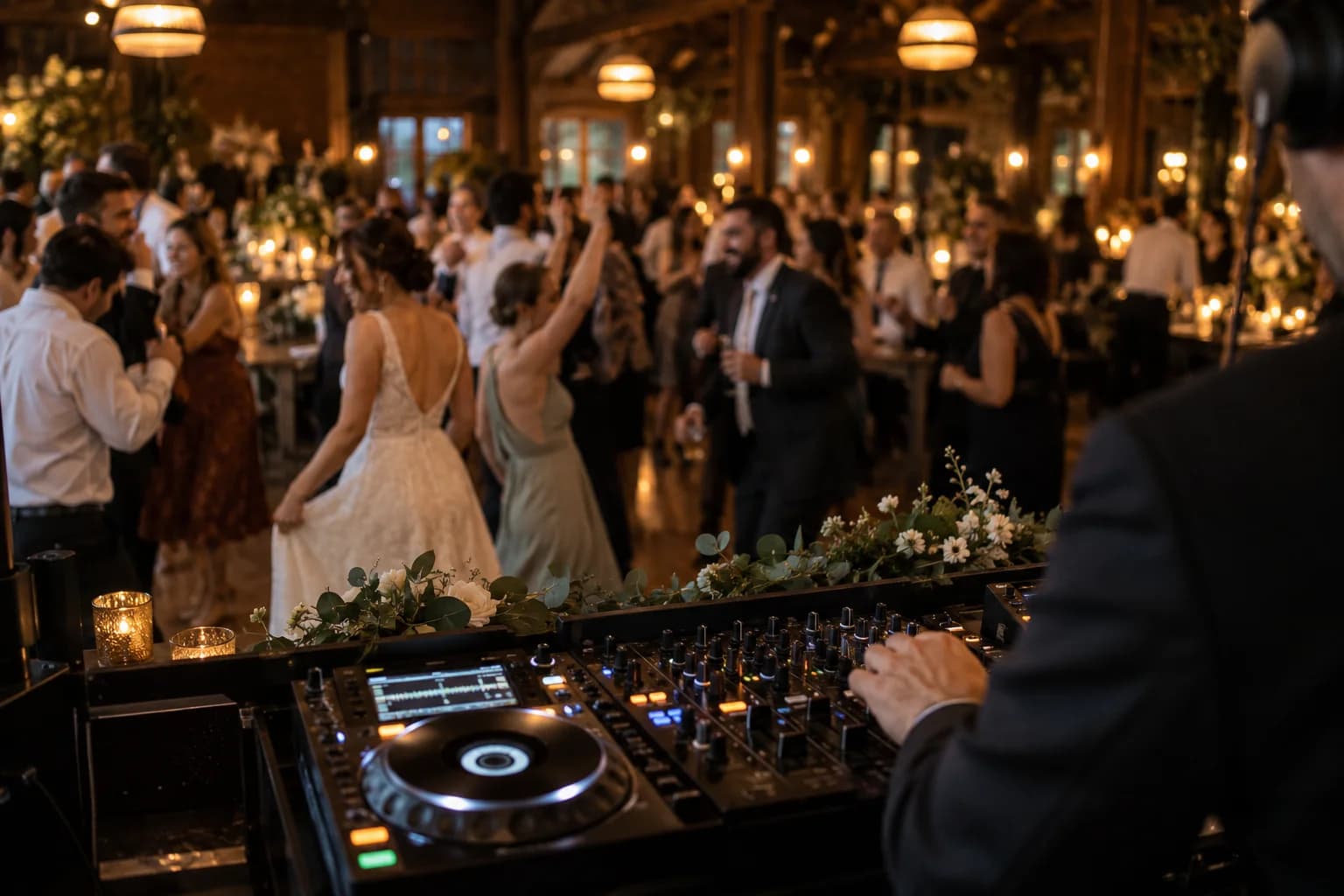 An illustrated reception scene: a DJ at the decks while wedding guests dance under warm lights
